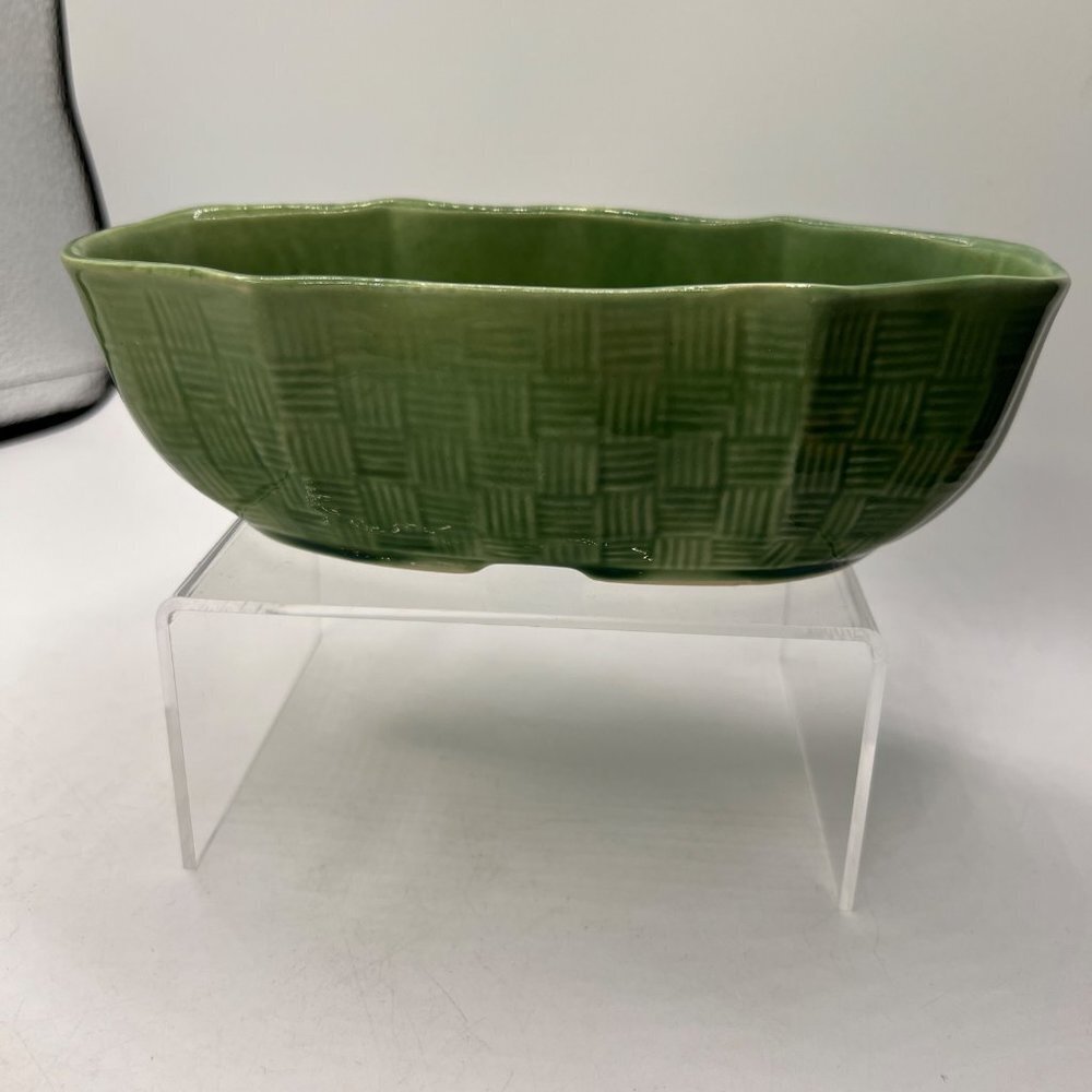 Shawnee Usa 150 Green Pottery Oval Planter Basket Weave Vintage Estate